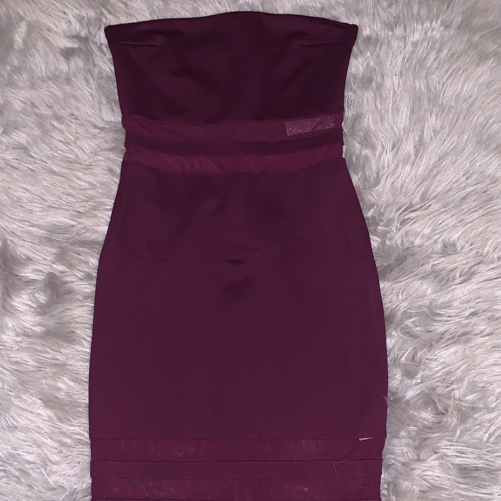 PLUM MID KNEE BANDEAU (STRAPLESS ) DRESS WITH MESH